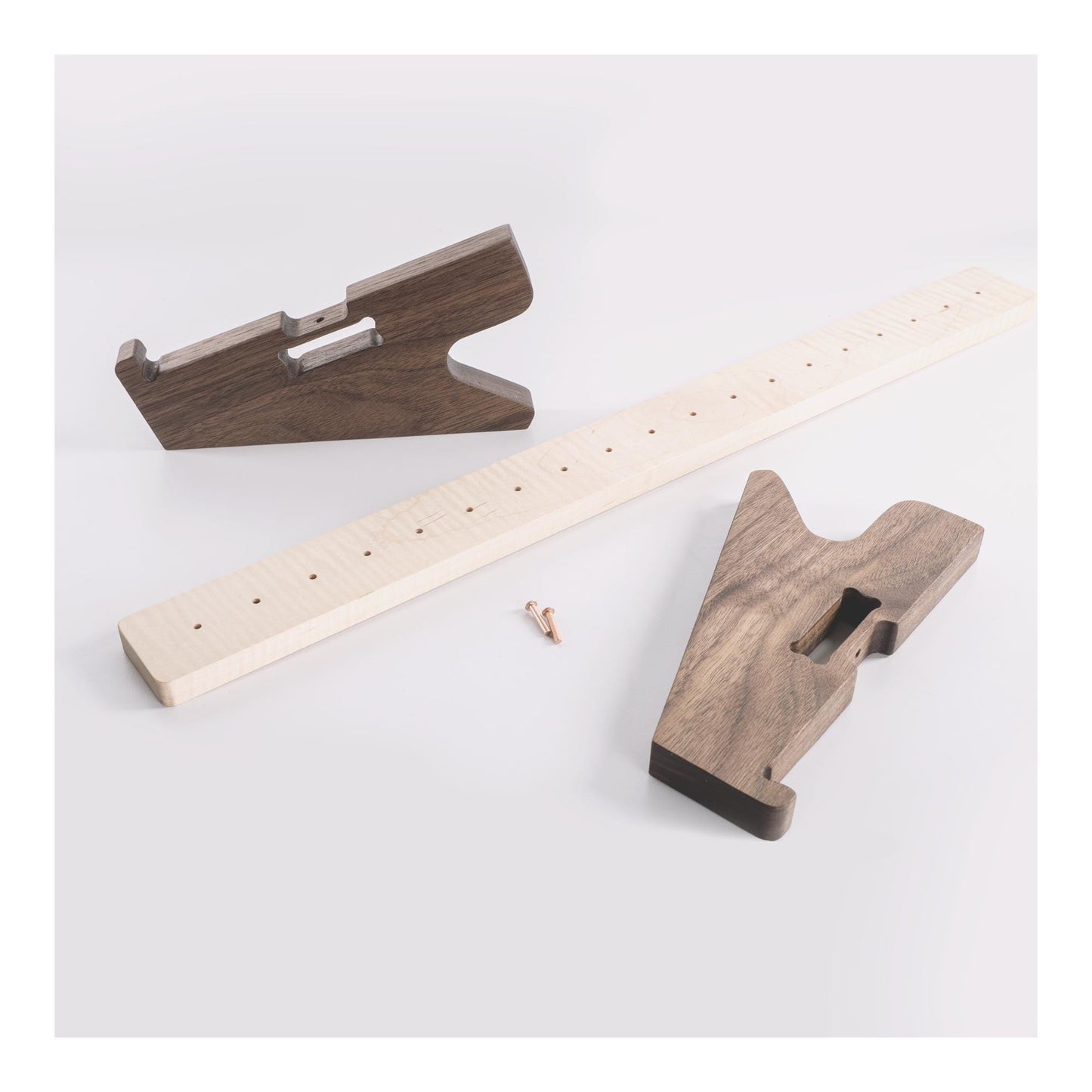 Adjustable stand in solid walnut and maple | Ideal ergonomics, cable management, and desktop placement of laptops, desktop devices, and more