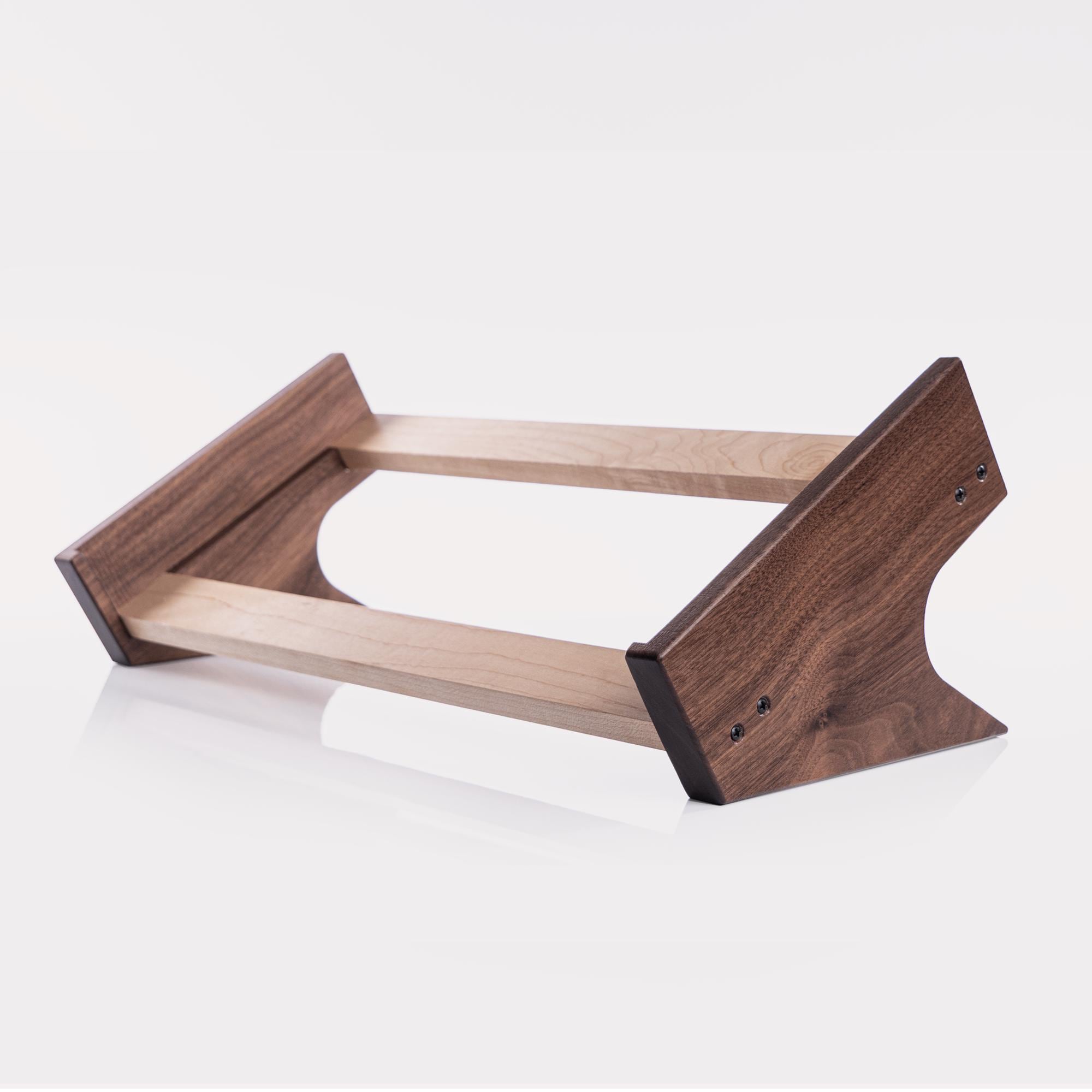 Dreadbox Artemis synthesizer stand in walnut and maple | Ideal ergonomics, cable management, and desktop placement