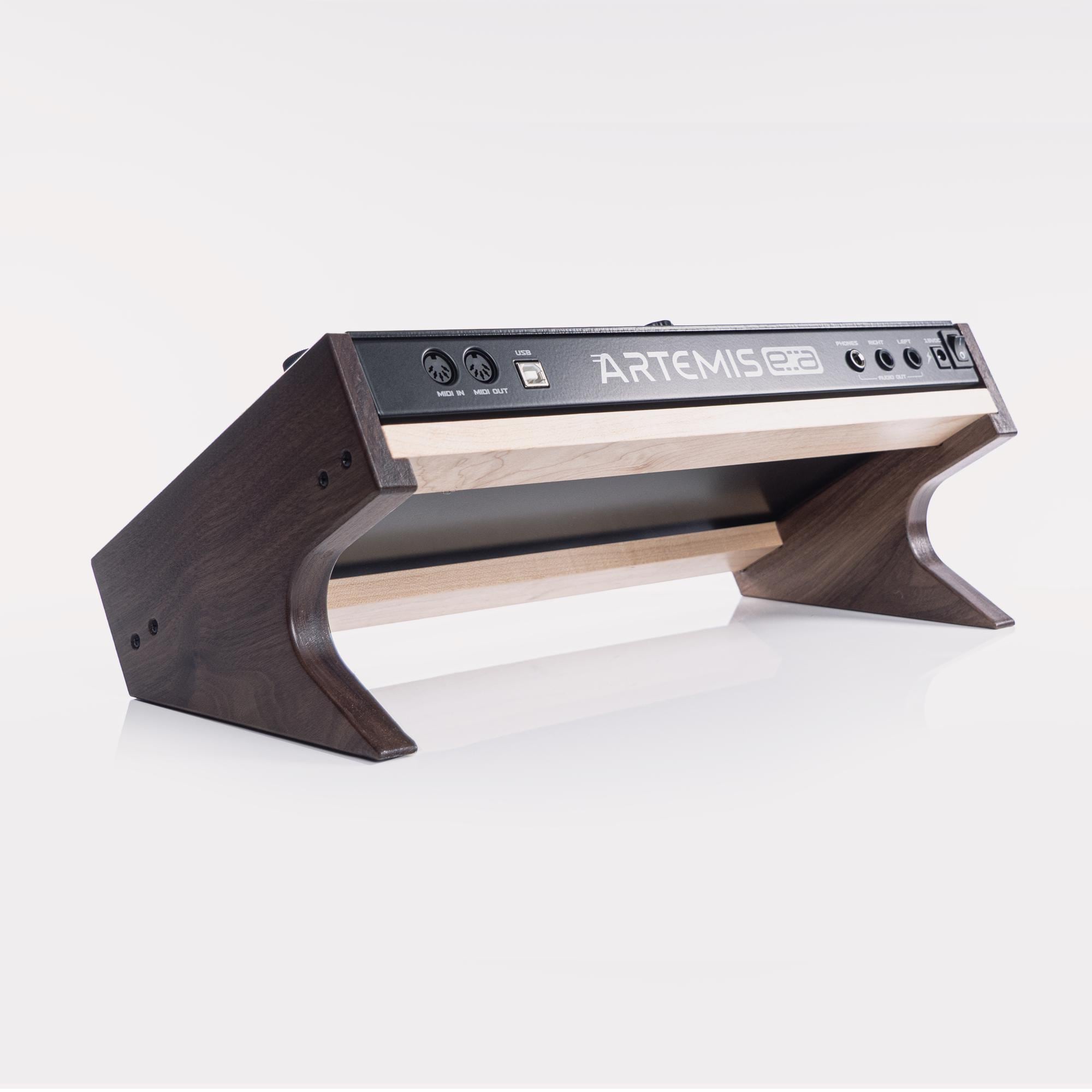Dreadbox Artemis synthesizer stand in walnut and maple | Ideal ergonomics, cable management, and desktop placement