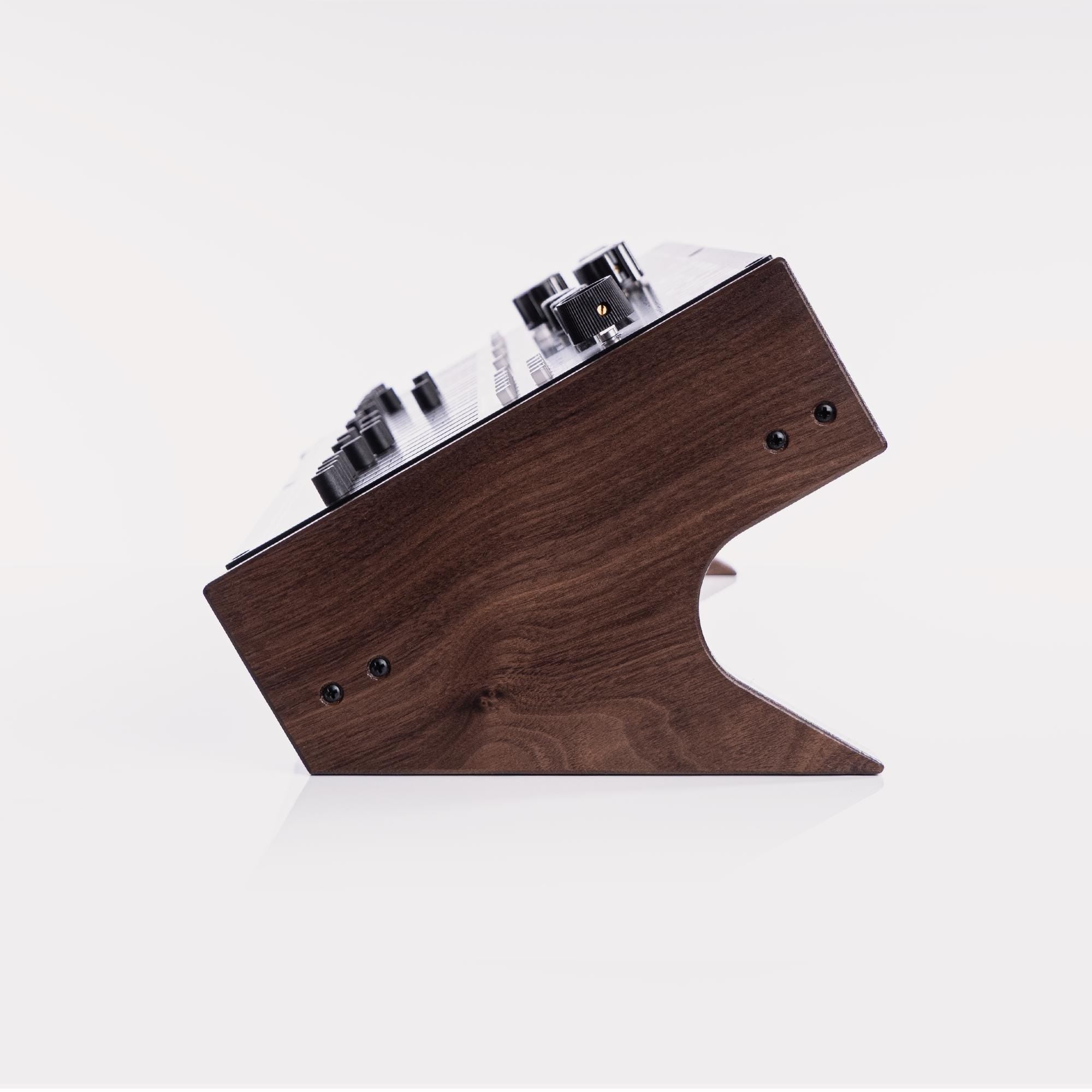 Dreadbox Artemis synthesizer stand in walnut and maple | Ideal ergonomics, cable management, and desktop placement