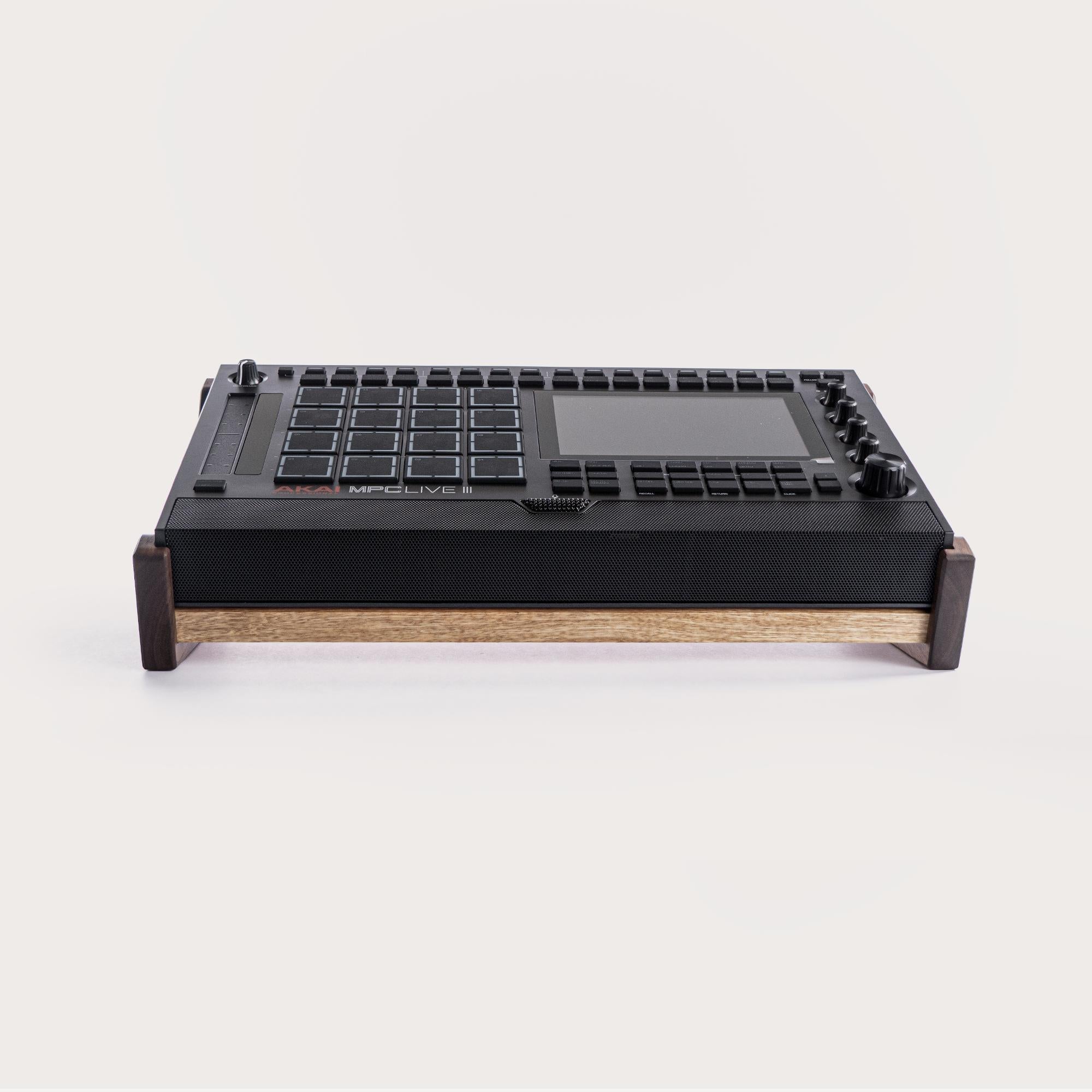 Akai MPC Live 3 stand in Solid Walnut and White Limba | Decksaver Compatible