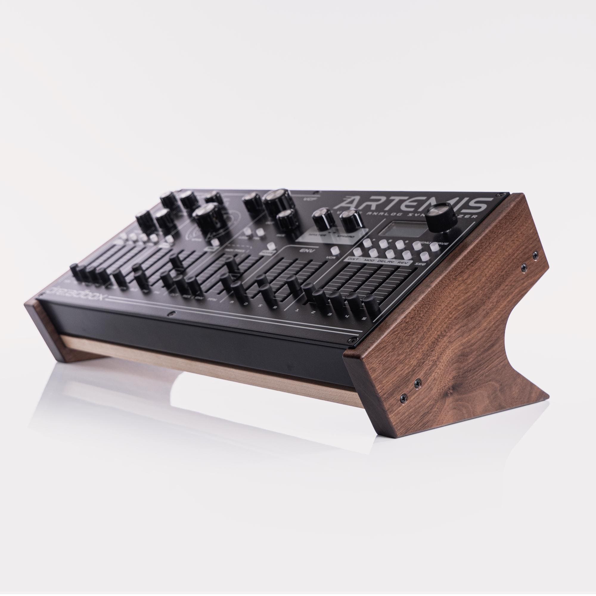 Dreadbox Artemis synthesizer stand in walnut and maple | Ideal ergonomics, cable management, and desktop placement