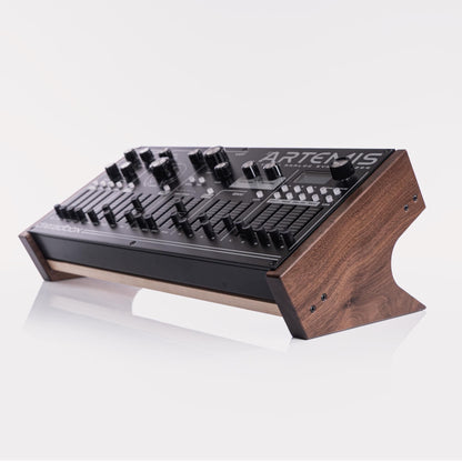 Dreadbox Artemis synthesizer stand in walnut and maple | Ideal ergonomics, cable management, and desktop placement
