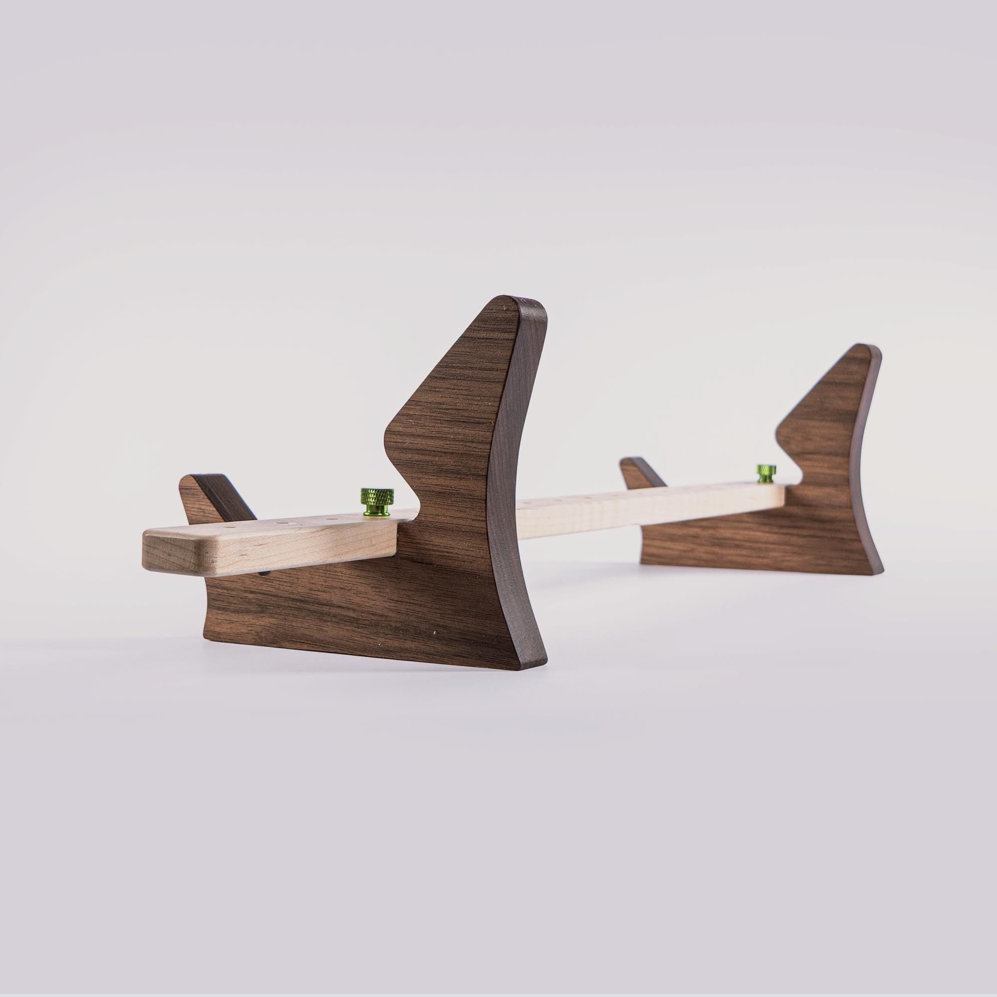 Angled synthesizer module stand • Handmade in walnut and maple • Adjustable width up to 20 inches • 45-Degree tilt