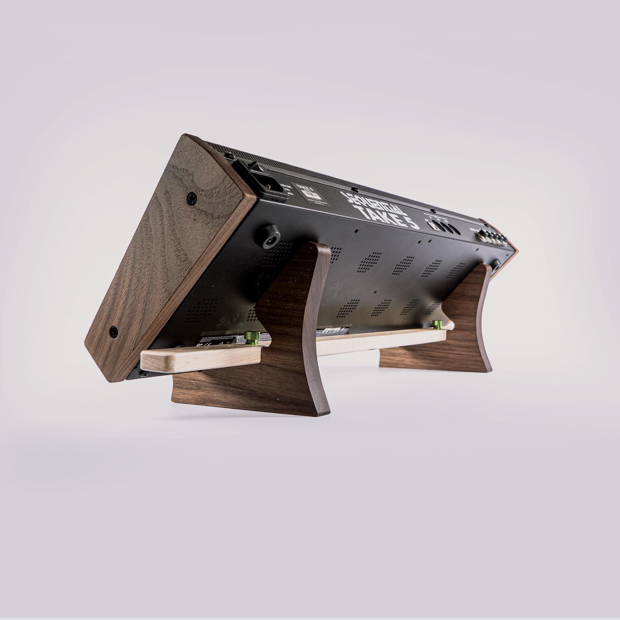 Angled synthesizer module stand • Handmade in walnut and maple • Adjustable width up to 20 inches • 45-Degree tilt