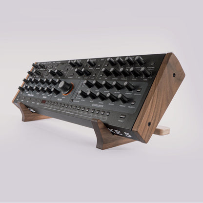 Angled synthesizer module stand • Handmade in walnut and maple • Adjustable width up to 20 inches • 45-Degree tilt